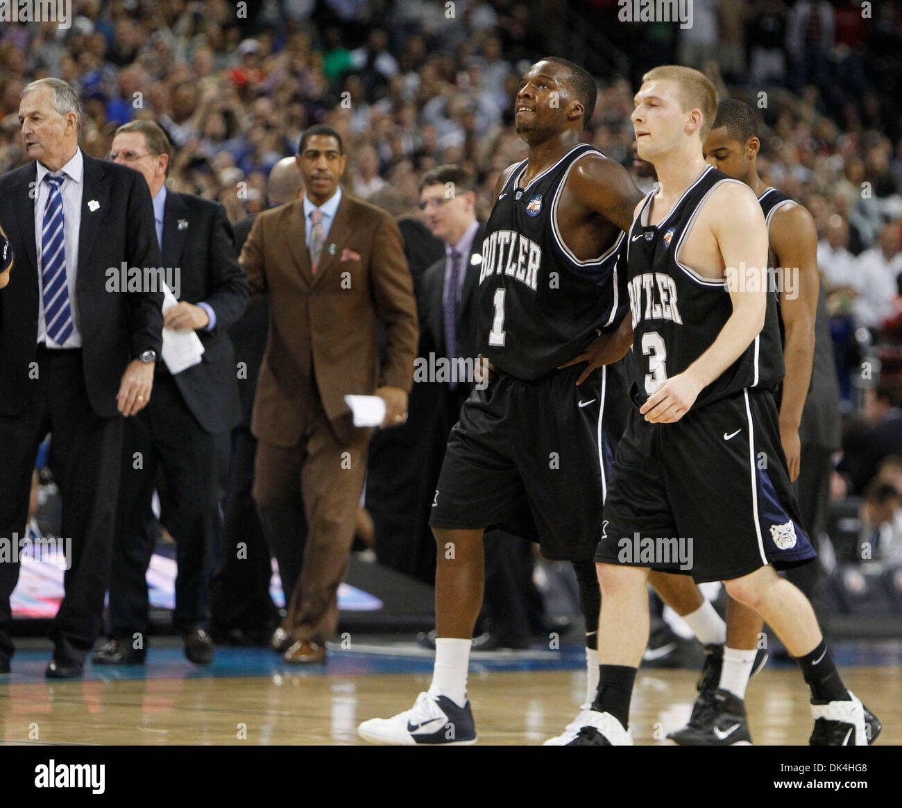 Apr. 4, 2011 - Houston, TX, USA - Butler guard Shelvin Mack (1) and Butler guard Zach Hahn (3) walk to the end of the court after losing to Connecticut 53-41 in the men's NCAA Final Four championship college basketball game Monday April 4, 2011, in Houston. Photo by David Perry | Staff (Credit Image: © Lexington Herald-Leader/ZUMAPRESS.com) Stock Photo