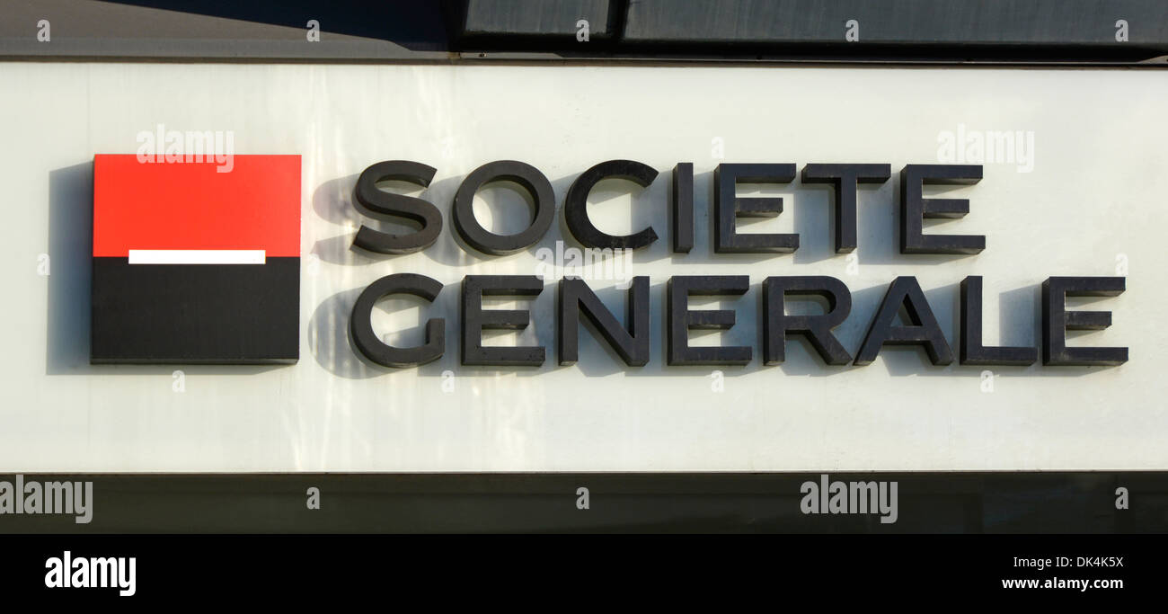 Sign and logo for Societe Generale a French multinational banking and financial services company seen on UK branch London England UK Stock Photo