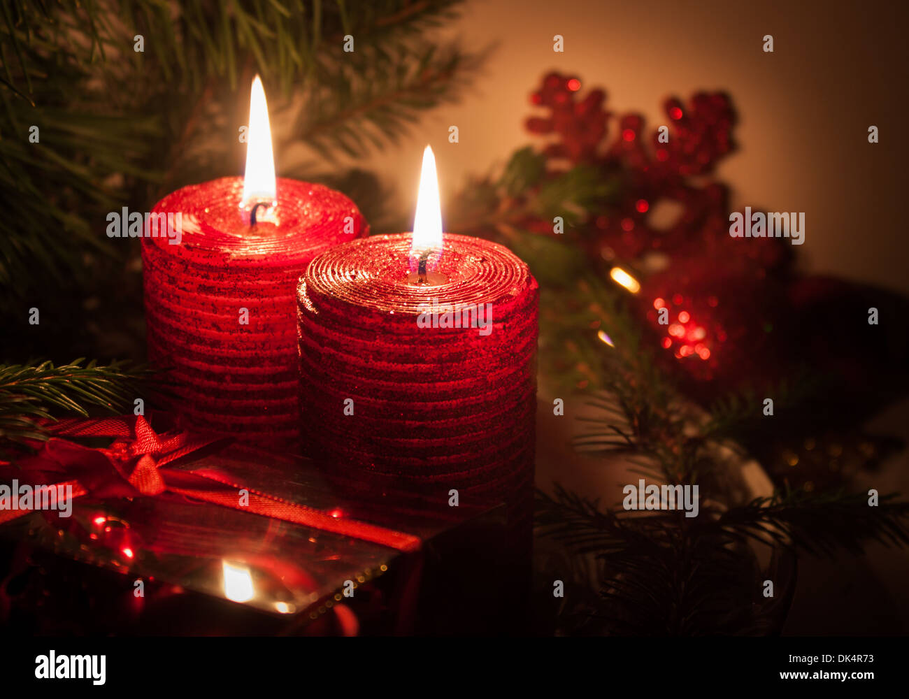 Christmas candles red flame flaming 'copy space' Stock Photo