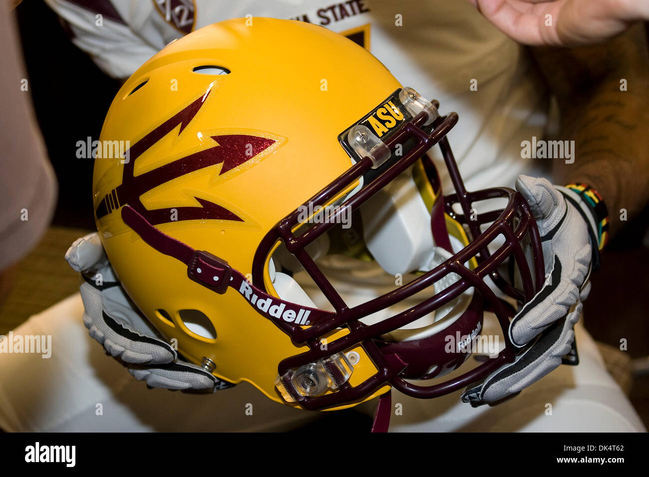 Apr. 12, 2011 - Tempe, Arizona, U.S - Arizona State University unveils a new look for the athletic program with a new logo on the helmet during a public launch at the Memorial Union on the ASU campus in Tempe, Arizona. (Credit Image: © Gene Lower/Southcreek Global/ZUMAPRESS.com) Stock Photo