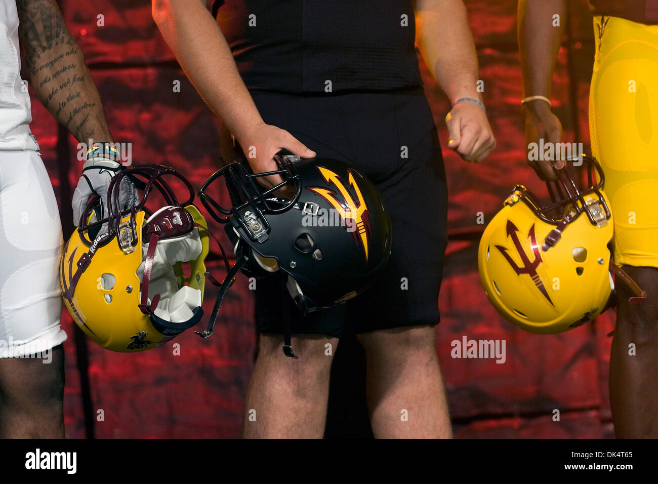 Apr. 12, 2011 - Tempe, Arizona, U.S - Arizona State University unveils a new look for the athletic program with a new logo on the helmet during a public launch at the Memorial Union on the ASU campus in Tempe, Arizona. (Credit Image: © Gene Lower/Southcreek Global/ZUMAPRESS.com) Stock Photo