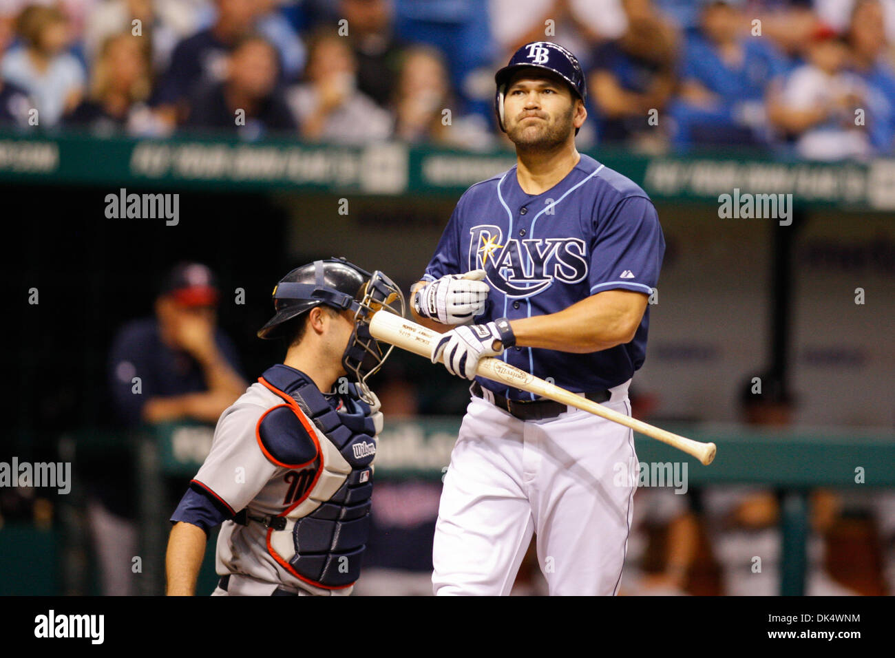 Apr. 14, 2011 - St.Petersburg, Florida, U.S - Tampa Bay Rays left fielder Johnny Damon (22) reacts after swinging for a miss during the match up between the Tampa Bay Rays and the Minnesota Twins at Tropicana Field. The Rays beat the Twins 4-3 in extra innings. (Credit Image: © Luke Johnson/Southcreek Global/ZUMApress.com) Stock Photo