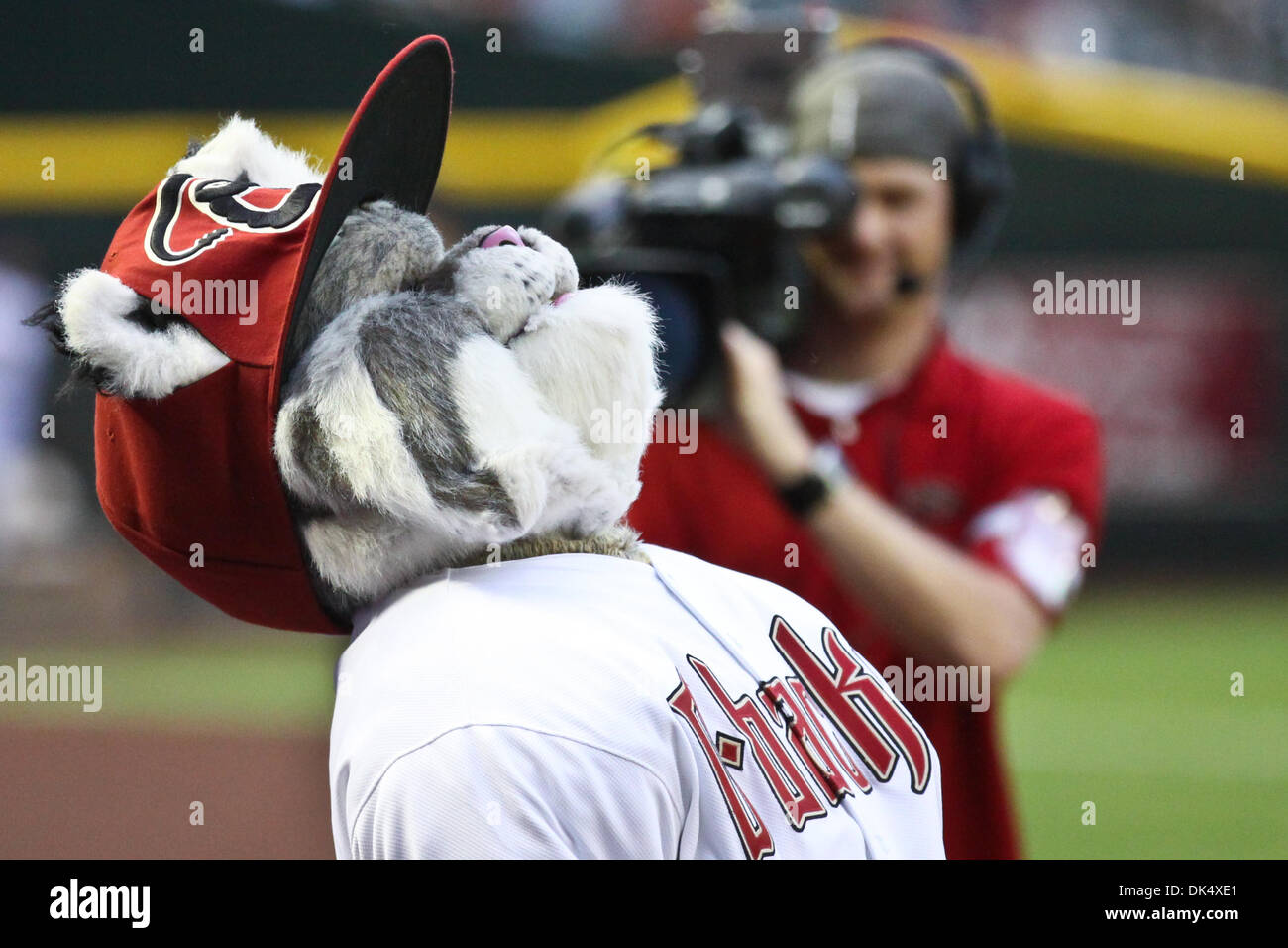 Apr. 15, 2011 - Phoenix, Arizona, U.S - Arizona Diamondbacks mascot Baxter  hams it up prior to the first pitch of a game against the San Francisco  Giants. The Giants defeated the