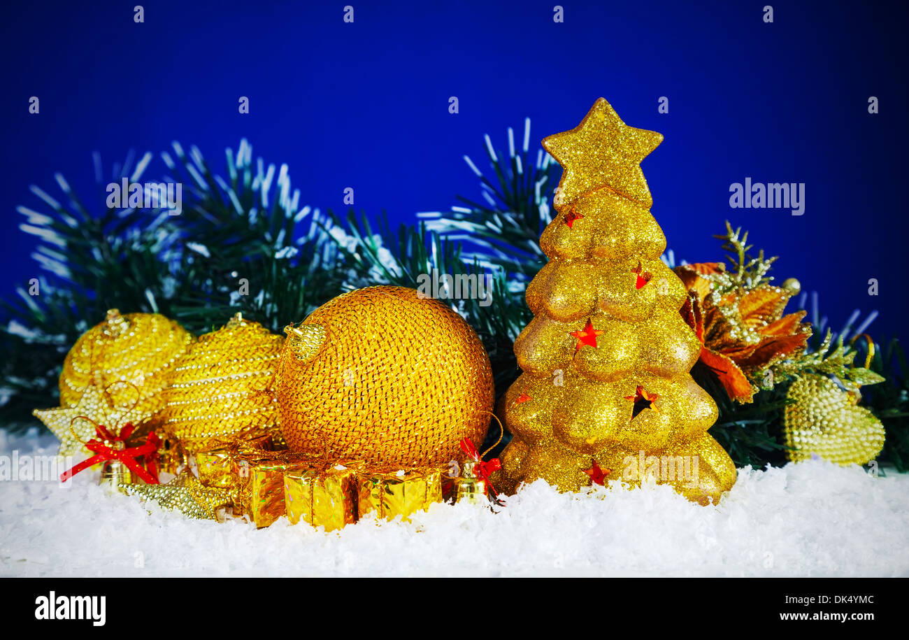 Christmas decorative balls against blue background Stock Photo