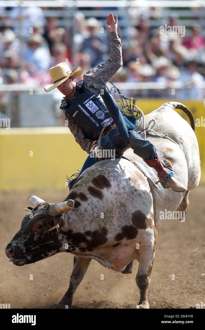 Apr. 16, 2011 - Red Bluff, California, U.S - Tyler Smith of Fruita, CO rides Angry Elf at the 2011 Red Bluff Round-Up at the Tehama District Fairgrounds in Red Bluff, CA. (Credit Image: © Matt Cohen/Southcreek Global/ZUMAPRESS.com) Stock Photo