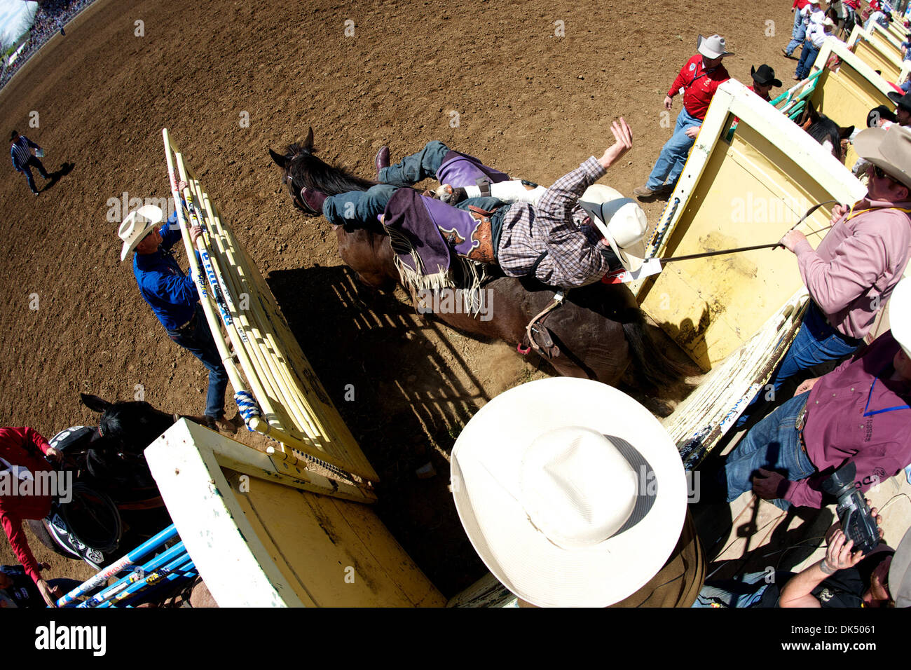 Apr. 16, 2011 - Red Bluff, California, U.S - Brian Bain of Culver, OR rides 32 at the 2011 Red Bluff Round-Up at the Tehama District Fairgrounds in Red Bluff, CA. (Credit Image: © Matt Cohen/Southcreek Global/ZUMAPRESS.com) Stock Photo