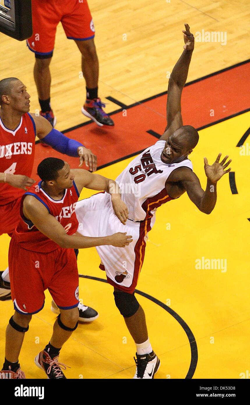 Apr. 18, 2011 - Miami, Florida, U.S. -  MIAMI, FL - AMERICAN AIRLINES ARENA - HEAT vs SIXERS - R1G2 - Miami Heat center Joel Anthony (50) is shoved out from beneath the basket by Philadelphia 76ers shooting guard Evan Turner (12) during Monday night's playoff game at American Airlines Arena. (Credit Image: © Damon Higgins/The Palm Beach Post/ZUMAPRESS.com) Stock Photo
