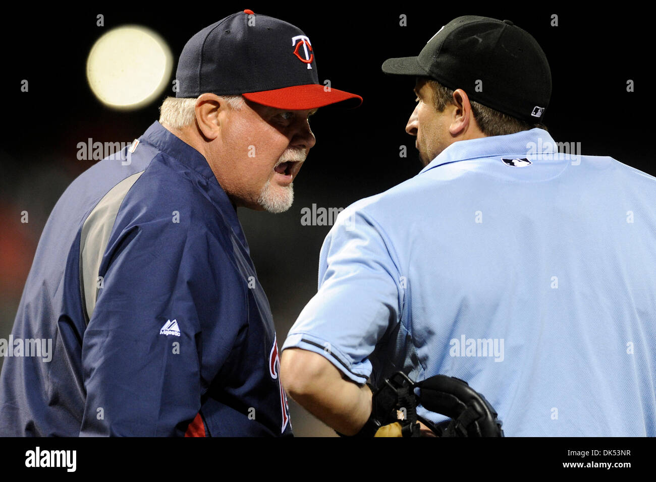 Apr. 18, 2011 - Baltimore, Maryland, U.S - Minnesota Twins manager Ron Gardenhire (left) argues with home plate umpire Chris Guccione (right)during a game between the Baltimore Orioles and the Minnesota Twins, the Twins defeated the Orioles 5-3 (Credit Image: © TJ Root/Southcreek Global/ZUMApress.com) Stock Photo
