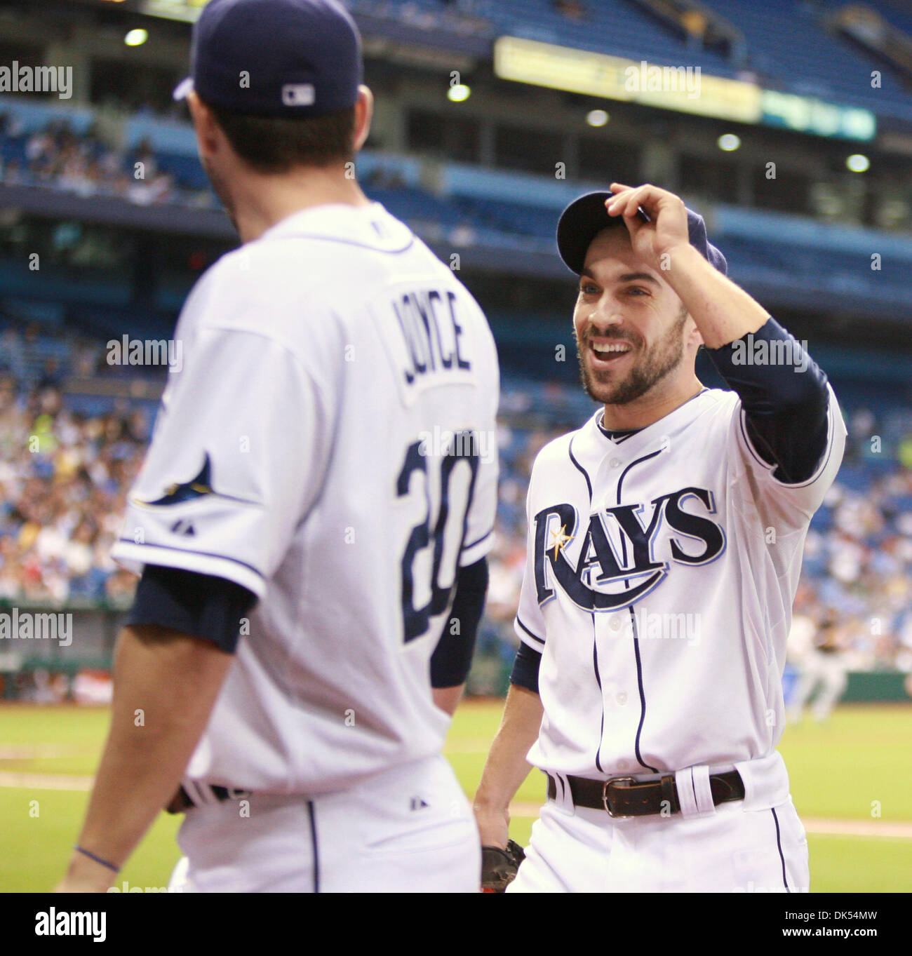 Apr. 20, 2011 - St. Petersburg, FL, USA - JAMES BORCHUCK  |   Times.SP 335898 BORC rays (04/20/11) (St. Petersburg, FL) Matt Joyce congratulates Sam Fuld after Fuld made a running catch of a Alex Rios hit to left in the fouth inning during the Rays game against the Chicago White Sox at Tropicana Field Wednesday, April 20, 2011.    [JAMES BORCHUCK, Times] (Credit Image: © St. Peters Stock Photo