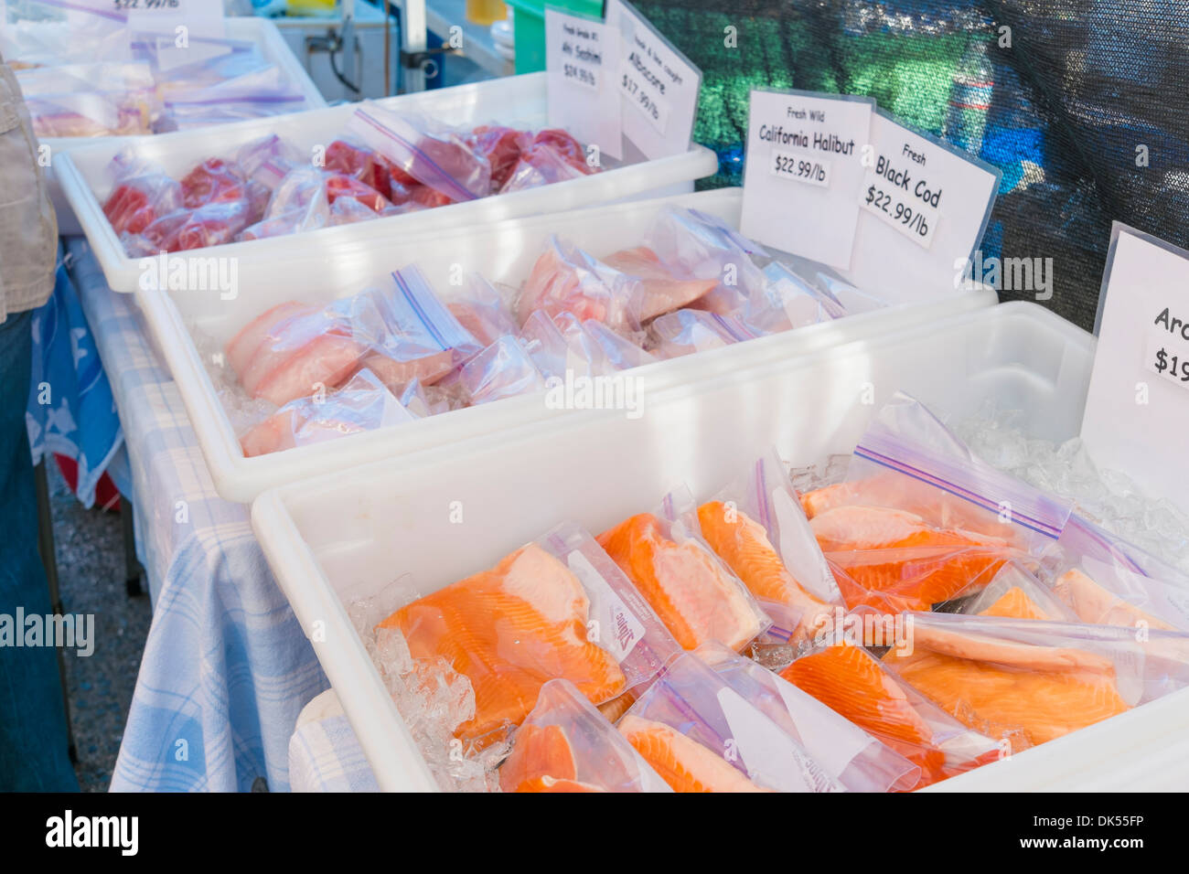 Different kinds of fresh caught fish, salmon , halibut and tuna, cut