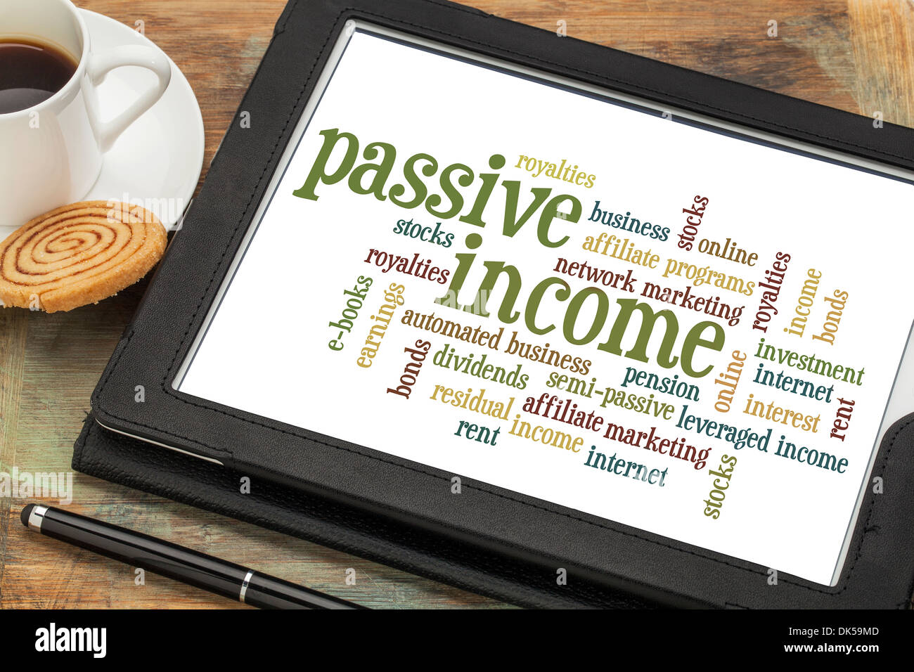 passive income word cloud on a digital tablet with a cup of coffee Stock Photo