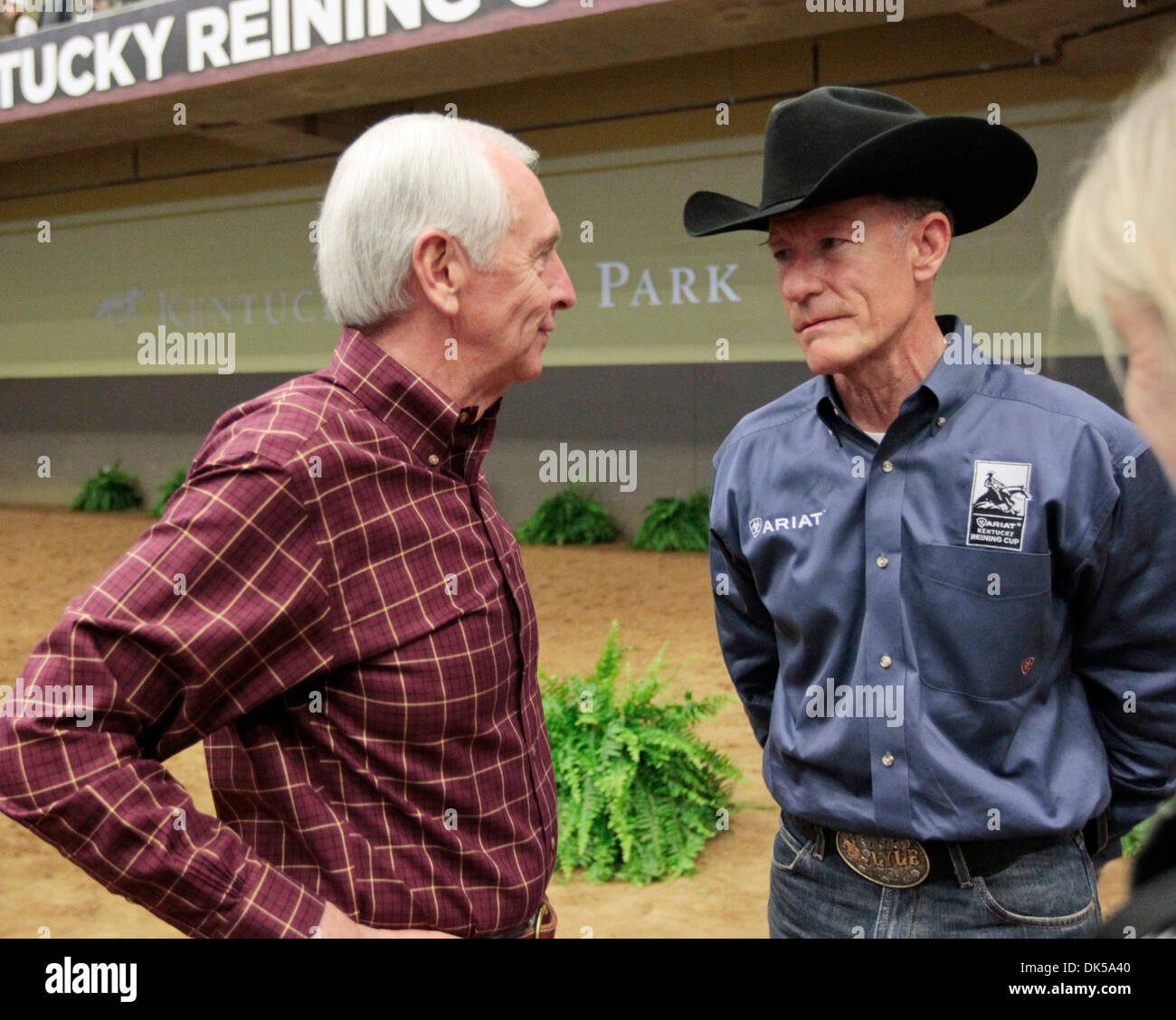 April 29, 2011 - Lexington, Ky., US - Lyle Lovett spoke to Governor Steve Beshear after he rode Smart and Shiney in the CRI5-star Ariat Kentucky Reining Cup at Alltech Arena during the Rolex Kentucky Three-Day Event at the The Kentucky Horse Park in Lexington, Ky., on Friday April 29, 2011.  Photo by Pablo Alcala | Staff (Credit Image: © Lexington Herald-Leader/ZUMAPRESS.com) Stock Photo