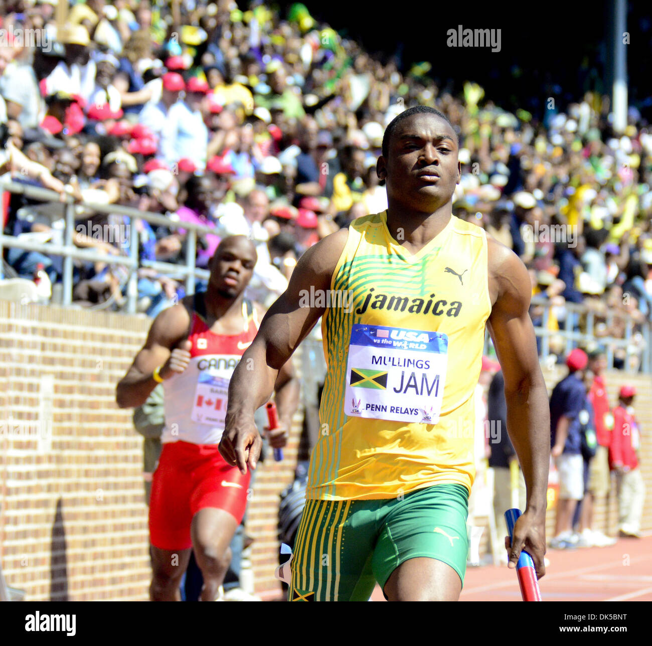 April 30, 2011 - STEVE MULLINGS of team Jamaica runs the anchor leg of the 4x100 and helps team Jamaica the in the USA vs the World men's 4x100 (Credit Image: © Ricky Fitchett/ZUMAPRESS.com) Stock Photo