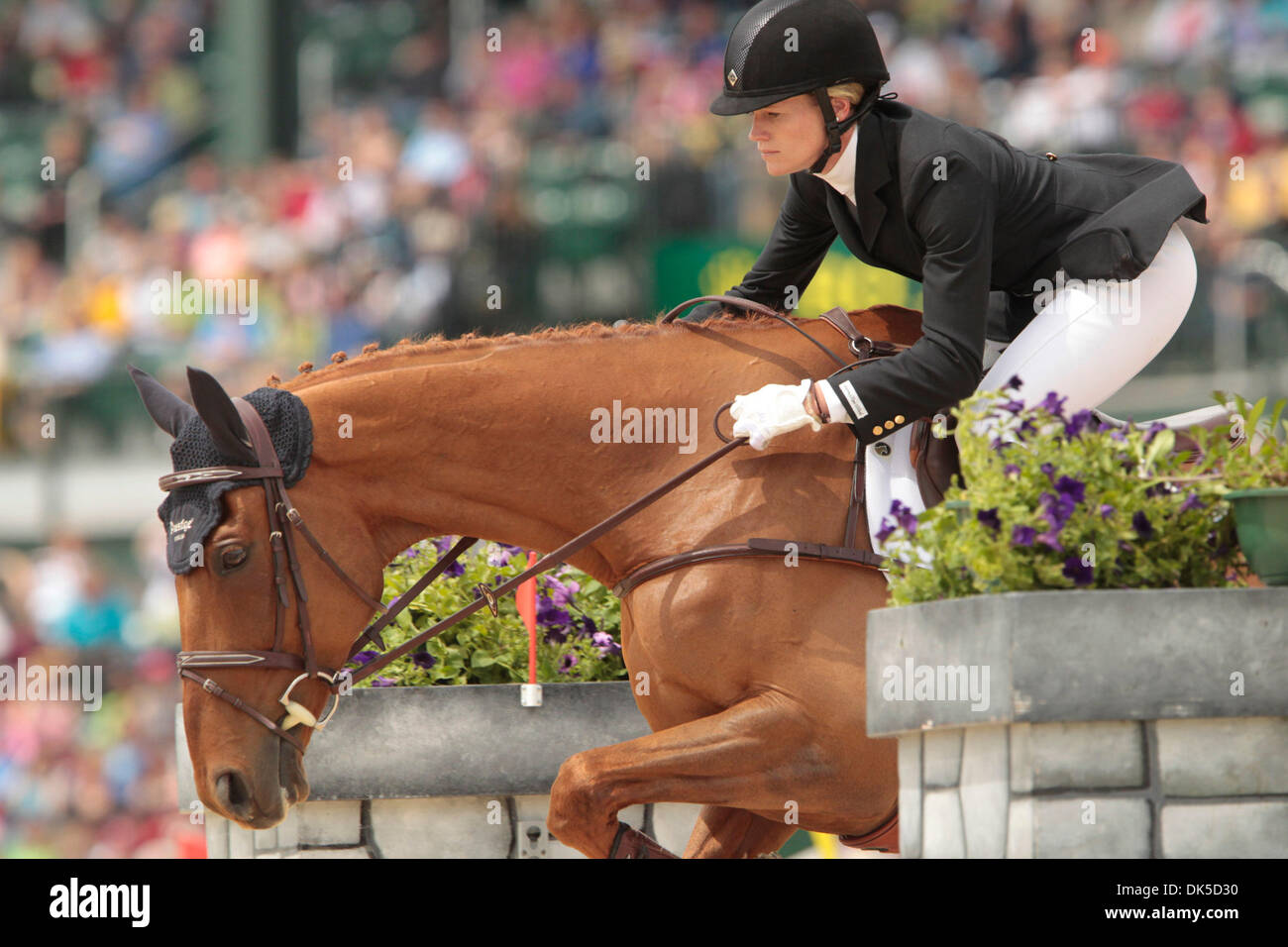 May 1, 2011 - Lexington, Ky., US - Sinead Halpin and Manoir de Carneville cleared a jump in the jumping competition during the Rolex Kentucky Three Day Event at The Kentucky Horse Park in Lexington, Ky., on Sunday May 1, 2011.  Mary King placed first with Kings Temptress and second with Fernhill Urco. Sinead Halpin and Manoir de Carneville placed third. Photo by Pablo Alcala | Staf Stock Photo