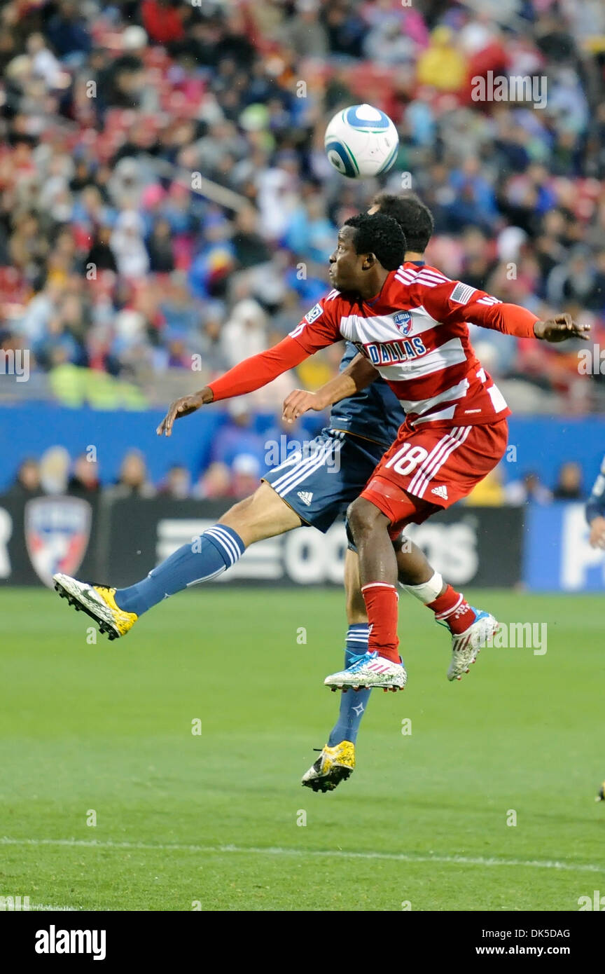 May 1, 2011 - Frisco, Texas, U.S - FC Dallas forward Marvin Chavez (18) goes up for the header as the LA Galaxy faces off against rival FC Dallas at the Pizza Hut Park in Frisco, Texas.  FC Dallas tops the LA Galaxy in a rain soaked match, 2-1. (Credit Image: © Steven Leija/Southcreek Global/ZUMAPRESS.com) Stock Photo