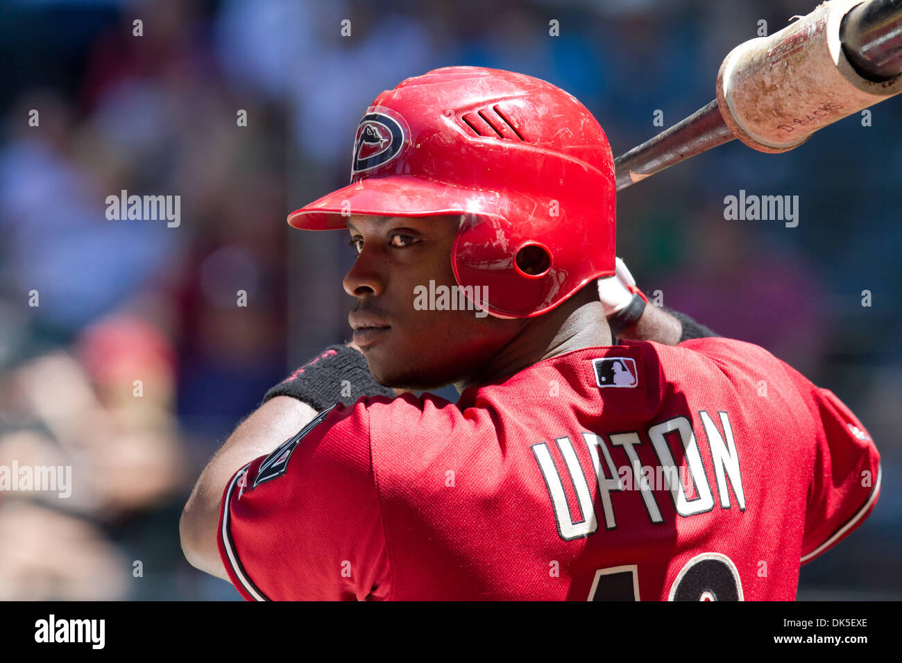May 1, 2011 - Phoenix, Arizona, U.S - Arizona Diamondbacks Justin Upton (10) warms up before going up to bat against the Chicago Cubs. The Diamondbacks and Cubs squared off for the final game of a four game series at Chase Field in Phoenix, Arizona. (Credit Image: © Chris Pondy/Southcreek Global/ZUMAPRESS.com) Stock Photo