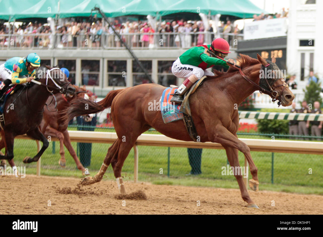 May 7, 2011 - Louisville, Ky, USA - Animal Kingdom with John R. Velazquez up lunged toward the finish line in the 137th running of the Kentucky Derby at Churchill Downs May 7, 2011. Photo by Pablo Alcala | Staff (Credit Image: © Lexington Herald-Leader/ZUMAPRESS.com) Stock Photo