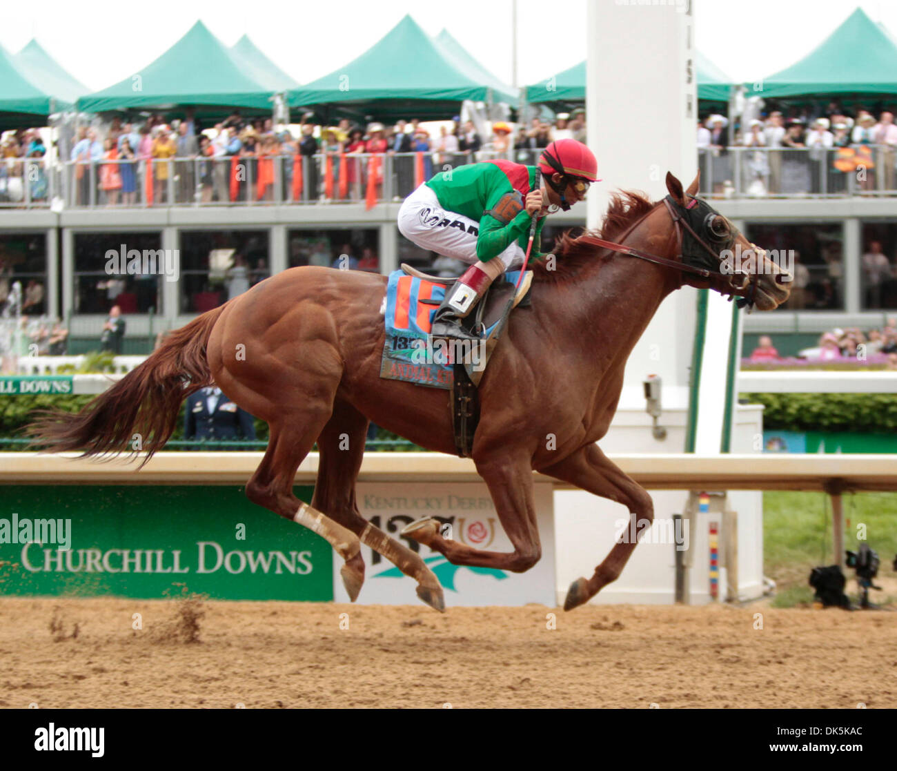 May 7, 2011 - Louisville, Ky, USA - Animal Kingdom with John R. Velazquez up crossed the finish line to win the 137th running of the Kentucky Derby at Churchill Downs May 7, 2011. Photo by Pablo Alcala | Staff (Credit Image: © Lexington Herald-Leader/ZUMAPRESS.com) Stock Photo