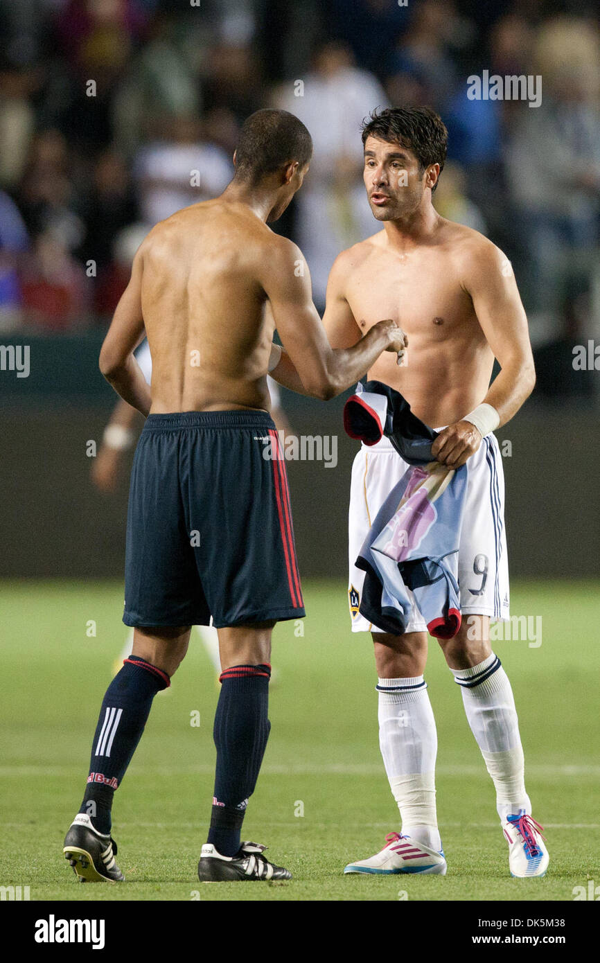 May 7, 2011 - Carson, California, U.S - Los Angeles Galaxy forward Juan Pablo Angel #9 (R) exchanges tops with New York Red Bulls defender Roy Miller #7 (L) after the Major League Soccer game between the New York Red Bulls and the Los Angeles Galaxy at the Home Depot Center. The Red Bulls went on to tie the Galaxy with a final score of 1-1. (Credit Image: © Brandon Parry/Southcreek Stock Photo
