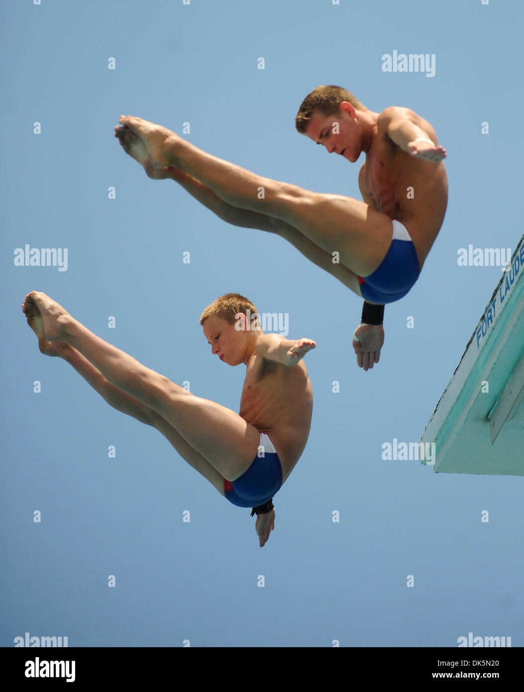 May 8, 2011 - Ft. Lauderdale, Florida, U.S. - Team USA divers TOBY STANLEY (L) and STEELE JOHNSON compete in the men's synchronized platform during the ATT Diving Grand Prix at the Ft. Lauderdale Aquatic Center.  (Credit Image: © Joe Cavaretta/Sun-Sentinel/ZUMAPRESS.com) Stock Photo