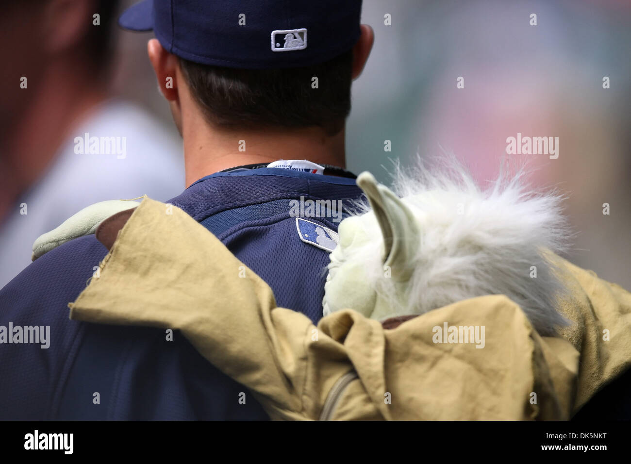 Milwaukee, WI, USA. 10th Apr, 2016. Barrelman waves to fans on the top of  dugout prior to the Major League Baseball game between the Milwaukee Brewers  and the Houston Astros at Miller