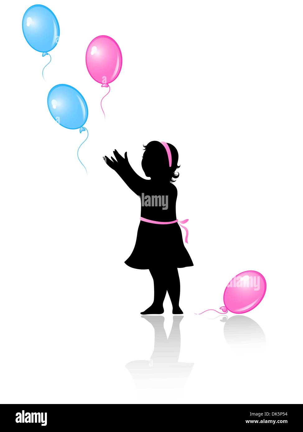 silhouette of little girl with flying colored balloons on a white ...