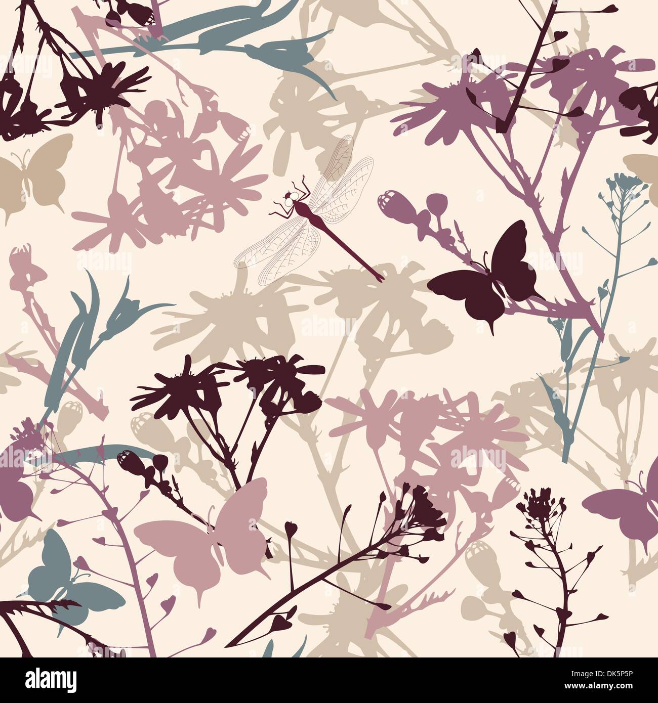 floral seamless pattern with butterflies and dragonfly Stock Vector ...