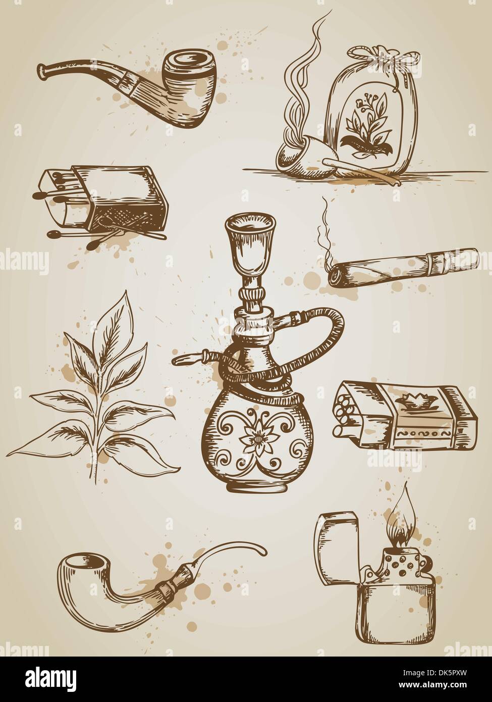 Vintage hand drawn vector smoking and cigarette icons Stock Vector
