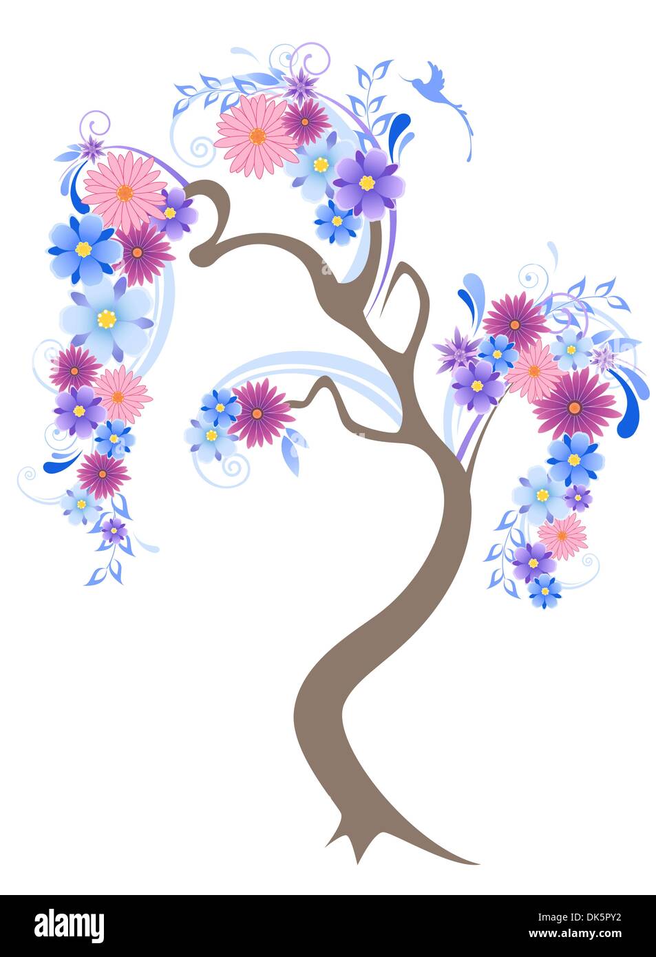 flowering tree with blue flowers and bird Stock Vector Image & Art - Alamy