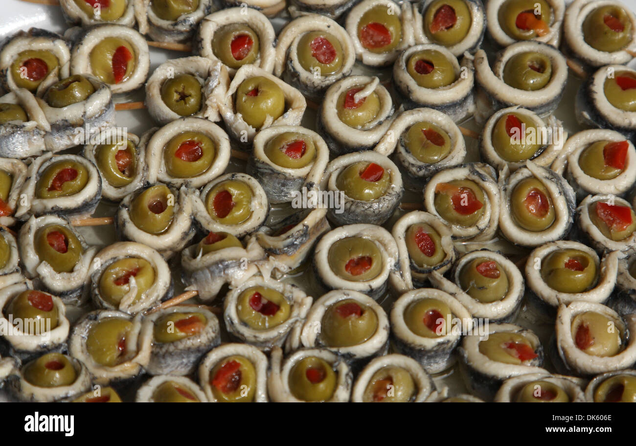 Olives and anchovies tapas Stock Photo