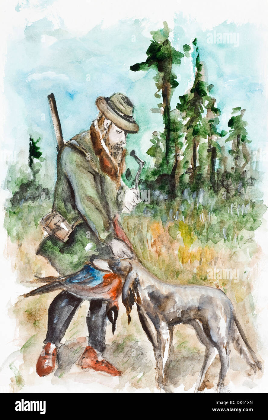 Successful hunting. Hunter thanked the dog for the bird. Watercolor handmade painting art illustration Stock Photo