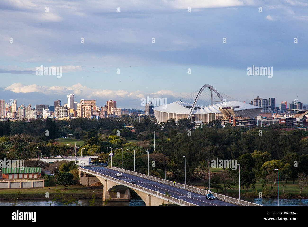 Durban city skyline and the Moses Mabhida Stadium in the foreground Stock Photo