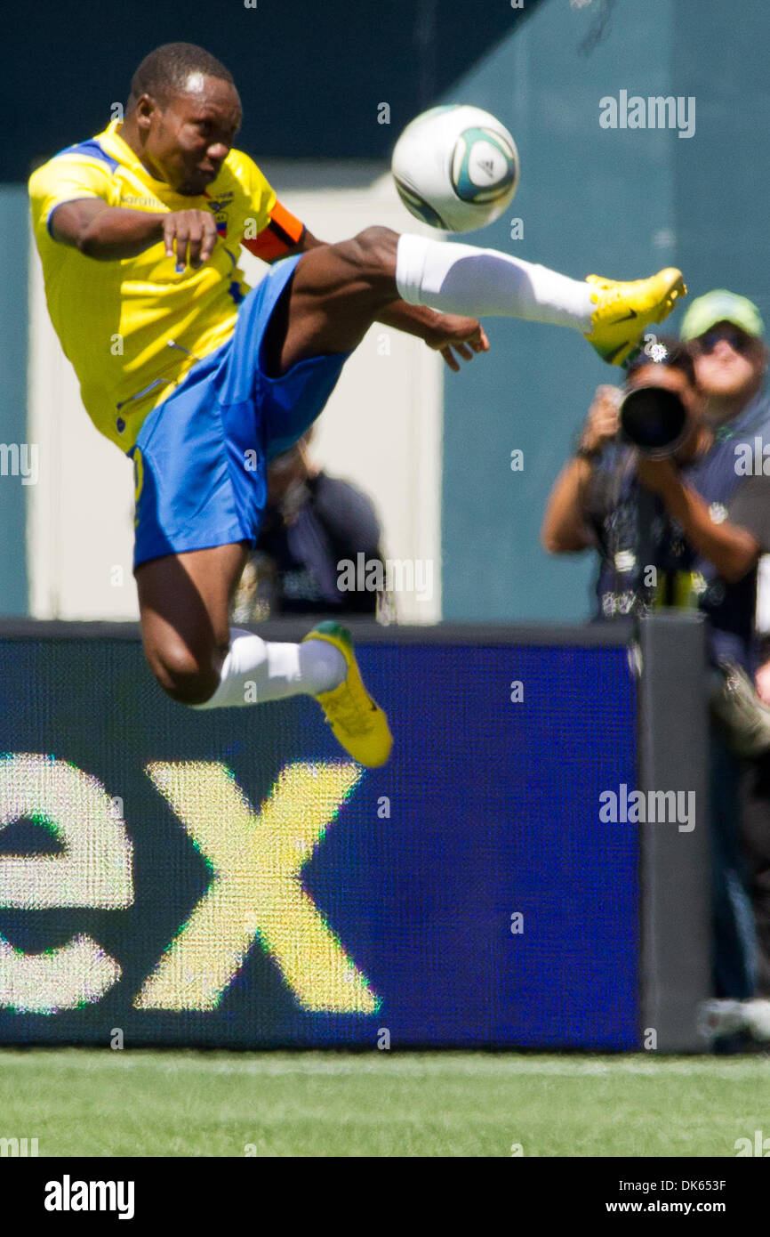 May 28, 2011 - Seattle, Washington, U.S - Ecuador defender Walter Ayovi leaps for the ball during the first half at Qwest Field in Seattle, Washington. (Credit Image: © Chris Hunt/Southcreek Global/ZUMApress.com) Stock Photo