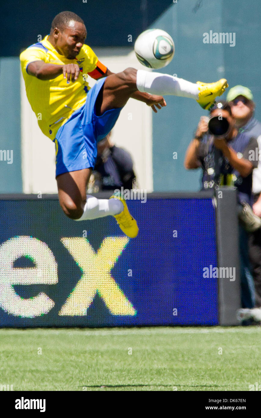 May 28, 2011 - Seattle, Washington, U.S - Ecuador defender Walter Ayovi (10) leaps for the ball in a match against Mexico at Qwest Field in Seattle, Washington. The game ended in a 1-1 tie. (Credit Image: © Chris Hunt/Southcreek Global/ZUMApress.com) Stock Photo