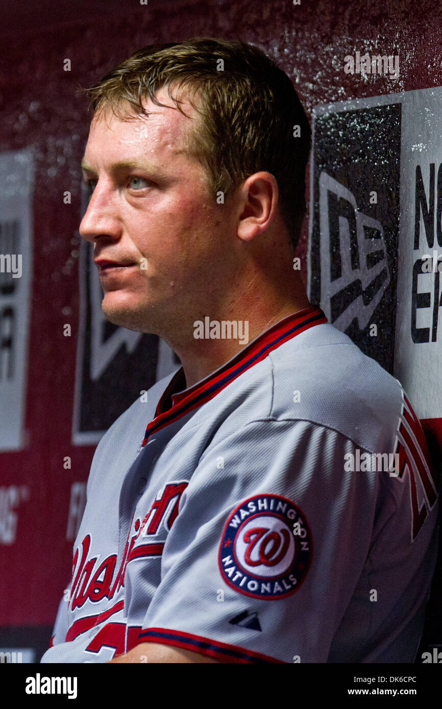June 2, 2011 - Phoenix, Arizona, U.S - Washington Nationals' starting pitcher Jordan Zimmermann sits in the dugout during a game against the Arizona Diamondbacks. The Nationals defeated the Diamondbacks 6-1 in the first of a four game series at Chase Field in Phoenix Arizona. (Credit Image: © Chris Pondy/Southcreek Global/ZUMAPRESS.com) Stock Photo