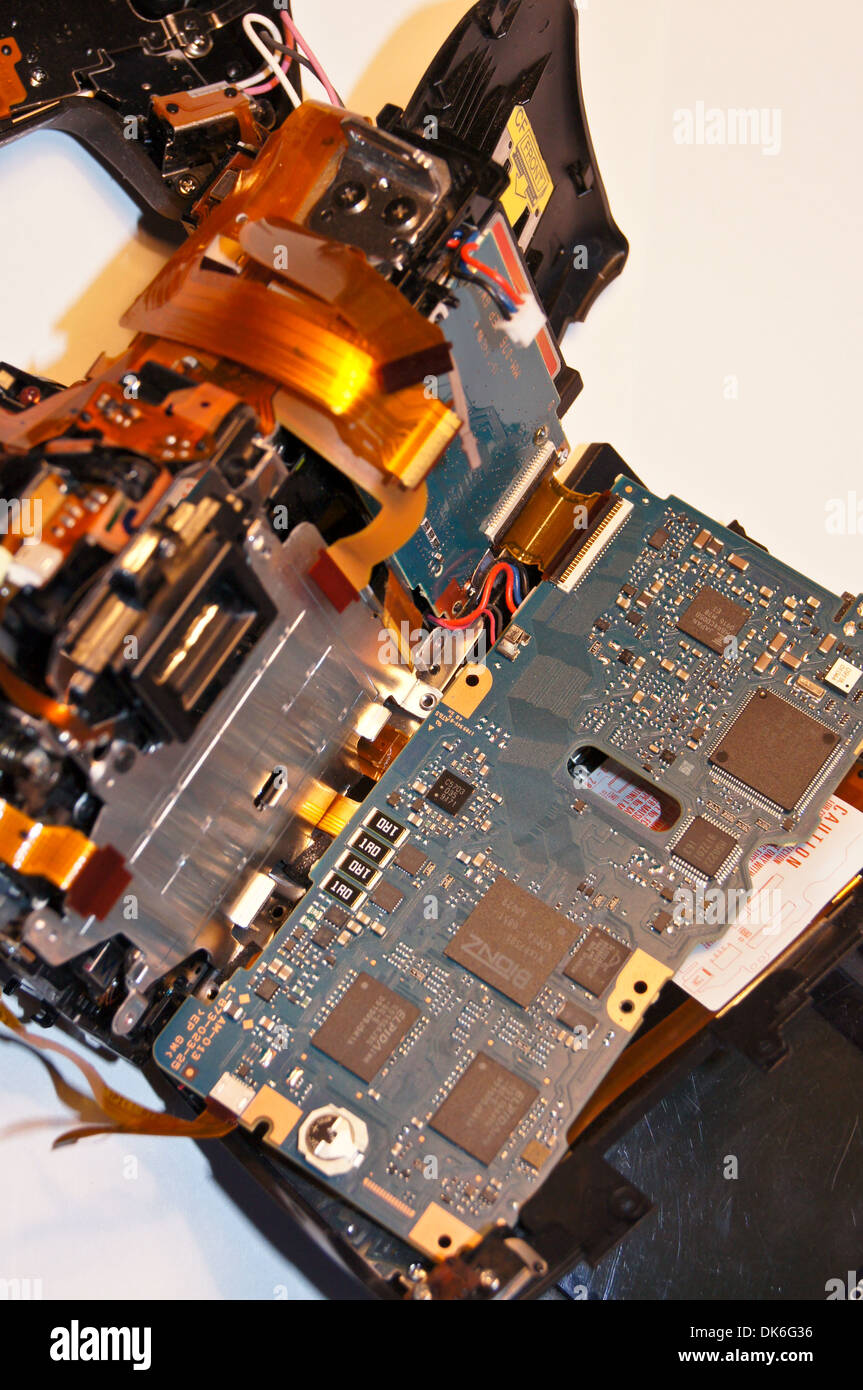 Exploded view of a broken dismantled digital single lens reflex camera