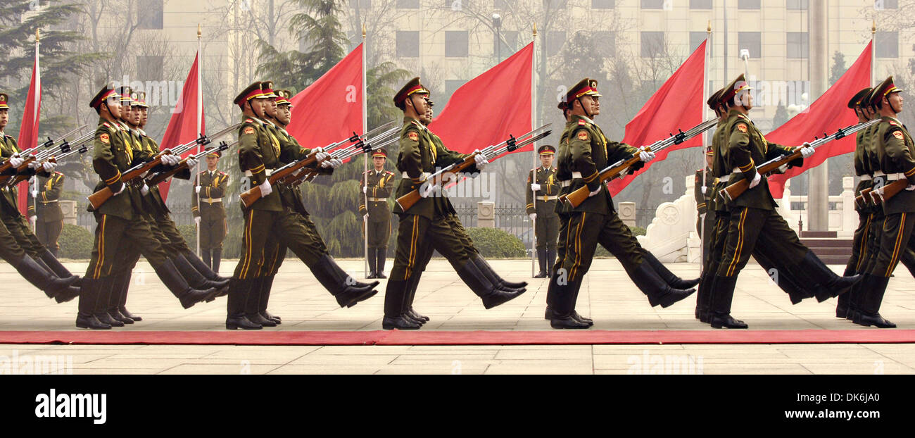 Chinese military honor guard march during a welcome ceremony for Chairman of the Joint Chiefs of Staff Marine Gen. Peter Pace at the Ministry of Defense March 22, 2007 in Beijing, China. Stock Photo
