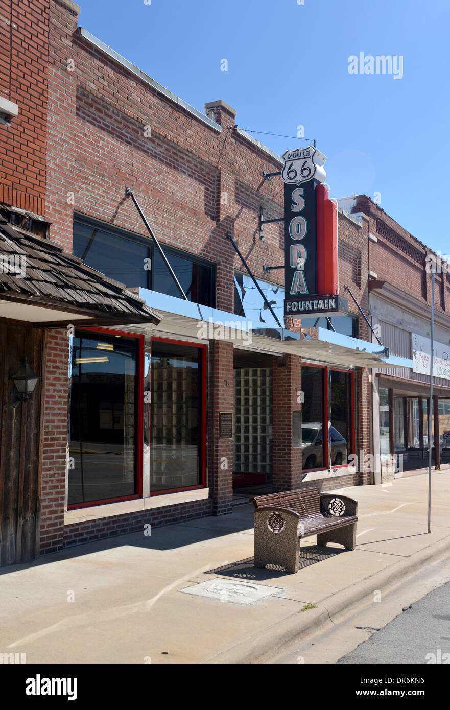 Route 66 Soda Fountain store with neon sign. Restored soda store is now