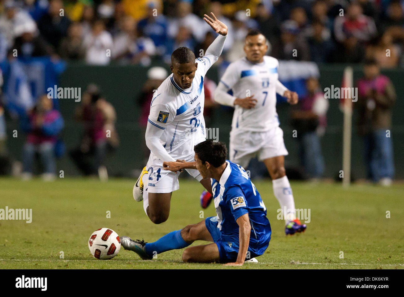 June 6, 2011 - Carson, California, U.S - Honduras Brayan Beckeles defender #24 (back) and Guatemala midfielder Jonathan Lopez #24 (front) in action during the 2011 CONCACAF Gold Cup group B game between Honduras and Guatemala at the Home Depot Center. (Credit Image: © Brandon Parry/Southcreek Global/ZUMAPRESS.com) Stock Photo