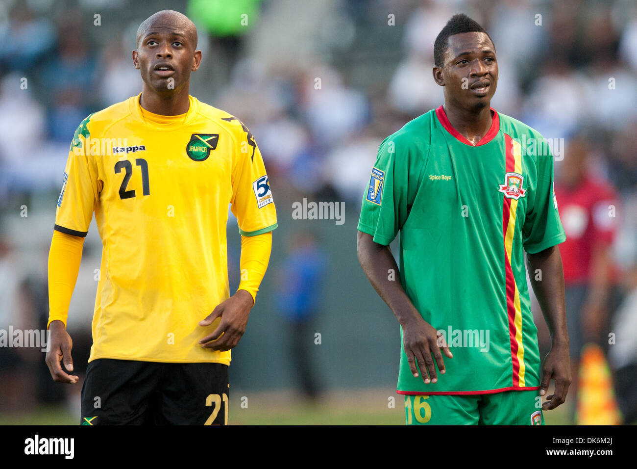 June 6, 2011 - Carson, California, U.S - Jamaica forward Luton Shelton #21 (L) and Greneda midfielder Leon Joseph #16 (R) during the 2011 CONCACAF Gold Cup group B game between Jamaica and Greneda at the Home Depot Center. (Credit Image: © Brandon Parry/Southcreek Global/ZUMAPRESS.com) Stock Photo