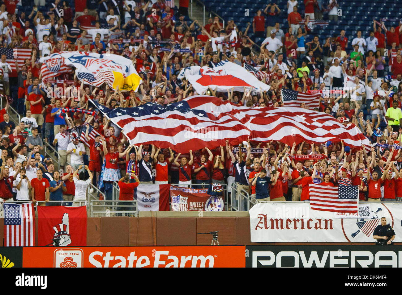 June 7, 2011 - Detroit, Michigan, U.S - Supporters display a large American flag during the playing of the United States national anthem prior to the start of the match.  The United States defeated Canada 2-0 in the second match of the Group C-play opening round doubleheader of the 2011 CONCACAF Gold Cup soccer tournament played at Ford Field in Detroit, Michigan. (Credit Image: ©  Stock Photo