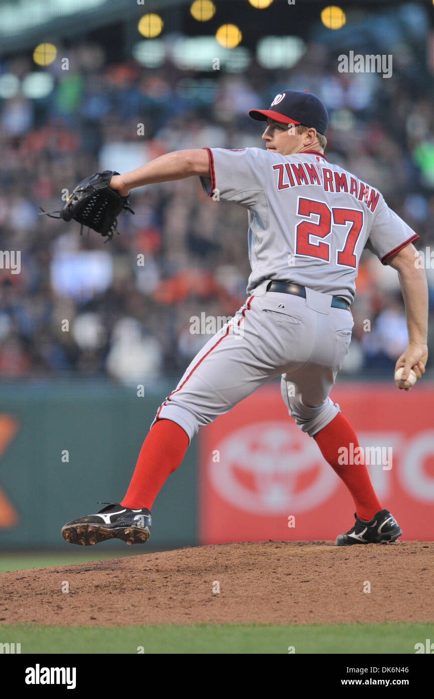 June 7, 2011 - San Francisco, California, U.S. - Washington Nationals starting pitcher JORDAN ZIMMERMANN (27) delivers during Tuesday night's game at AT&T park.  The Nationals beat the Giants 2-1 (Credit Image: © Scott Beley/Southcreek Global/ZUMAPRESS.com) Stock Photo