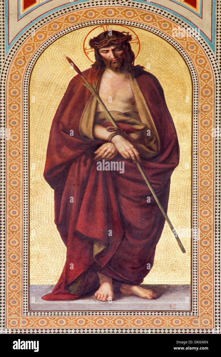 Vienna - Fresco of Jesus Christ for the Pilatus in purple coat. Ecce Homo. by Carl Mayer Stock Photo