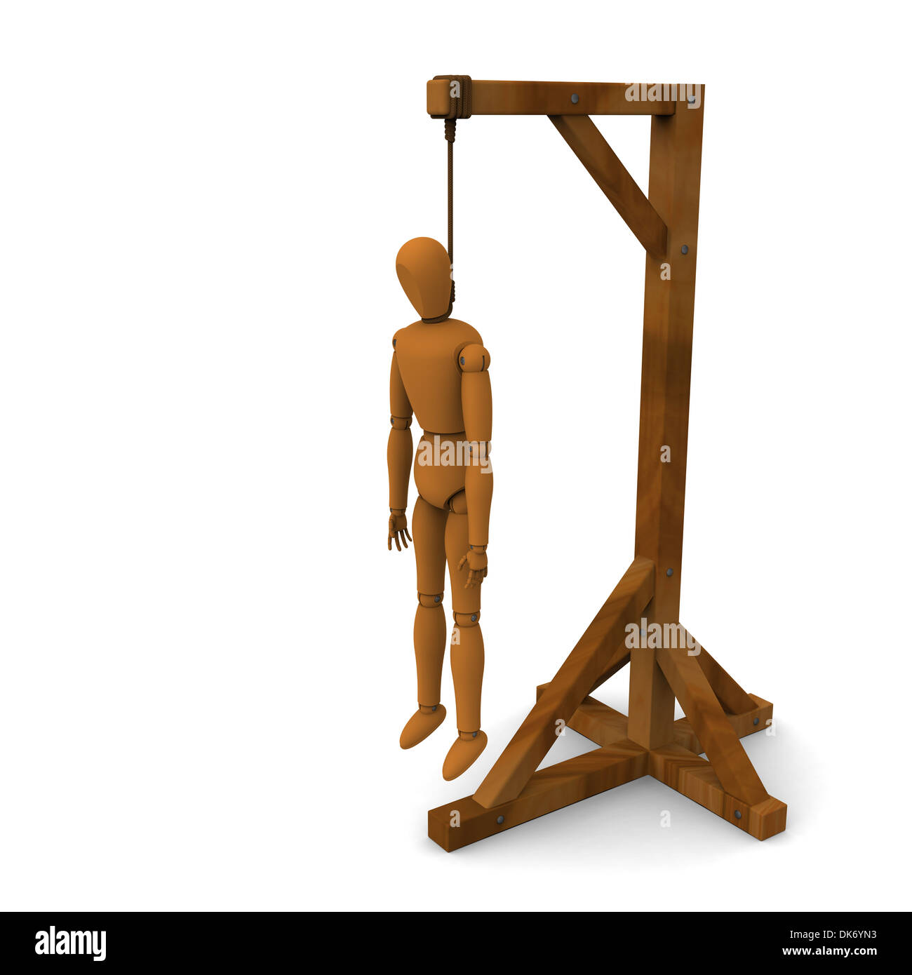 3D model of puppet hung on wooden post Stock Photo