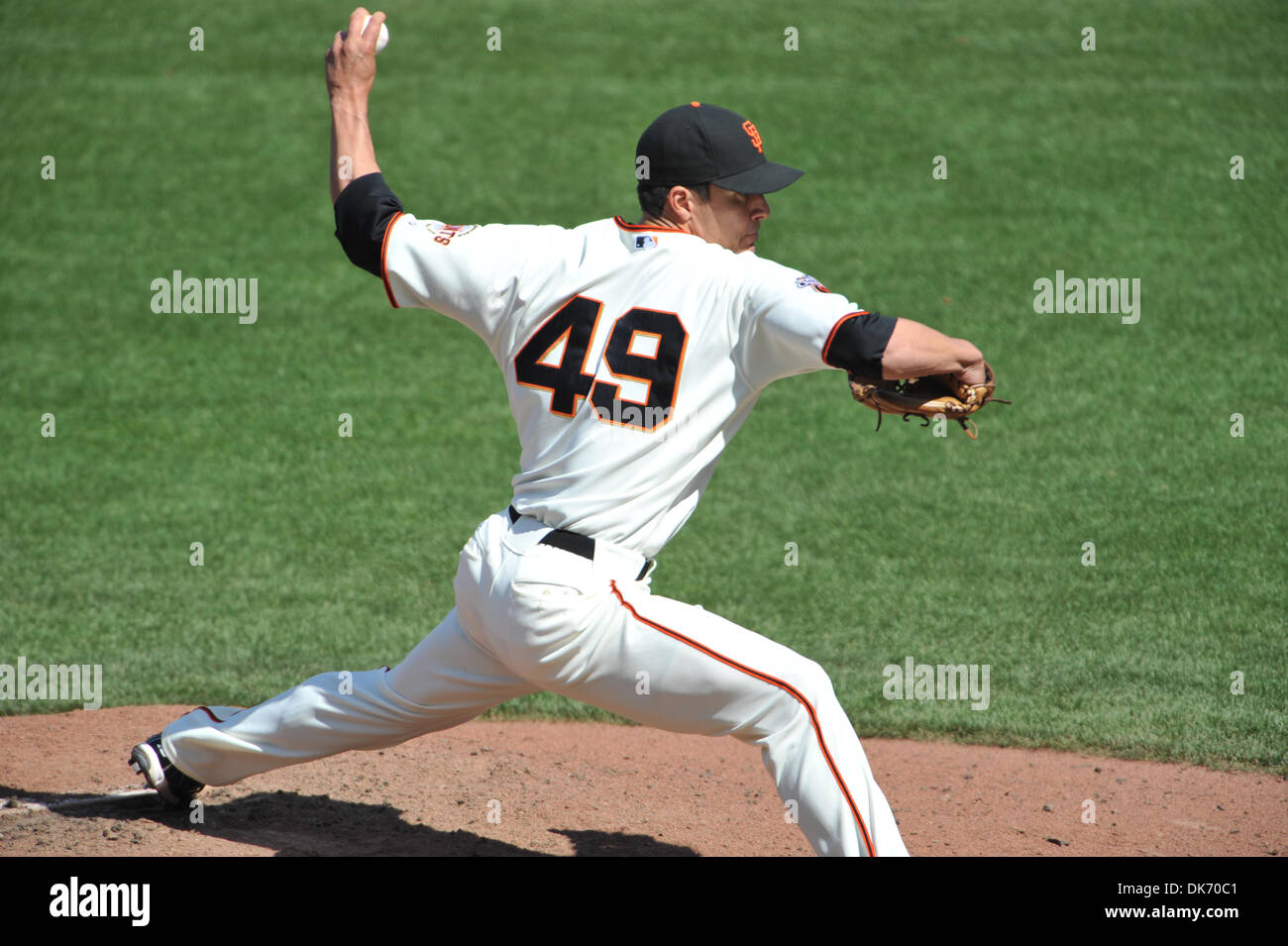 June 11, 2011 - San Francisco, California, U.S. - San Francisco Giants relief pitcher JAVIER LOPEZ (49) delivers during Saturday's game at AT&T park.  The Reds beat the Giants 10-2. (Credit Image: © Scott Beley/Southcreek Global/ZUMAPRESS.com) Stock Photo