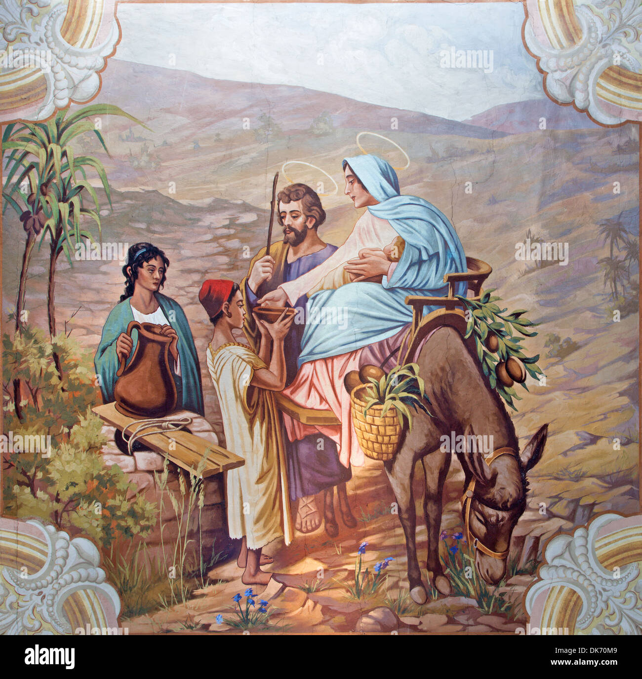 SEBECHLEBY - AUGUST 8: Flight to Egypt. Fresco from year 1963 by Jozef Antal in st. Michael parish church on August 8, 2013 in S Stock Photo