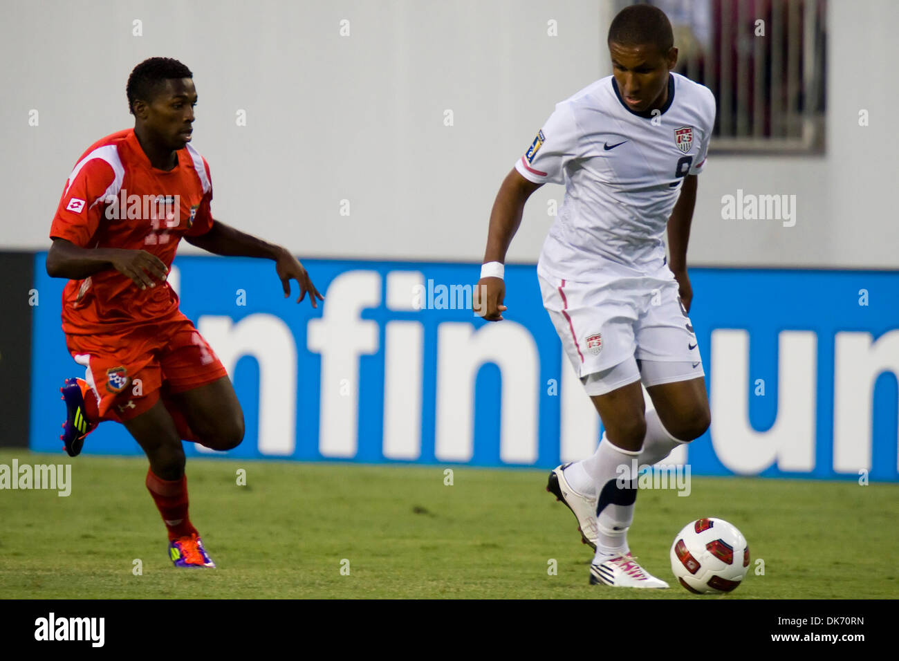 June 11, 2011 - Tampa, Florida, USA - United States attacker Juan Agudelo (9) moves the ball ahead of Panama midfielder Armando Cooper (11)..Panama defeats United States 2-1 in Gold Cup CONCACAF Soccer (Credit Image: © Anthony Smith/Southcreek Global/ZUMAPRESS.com) Stock Photo
