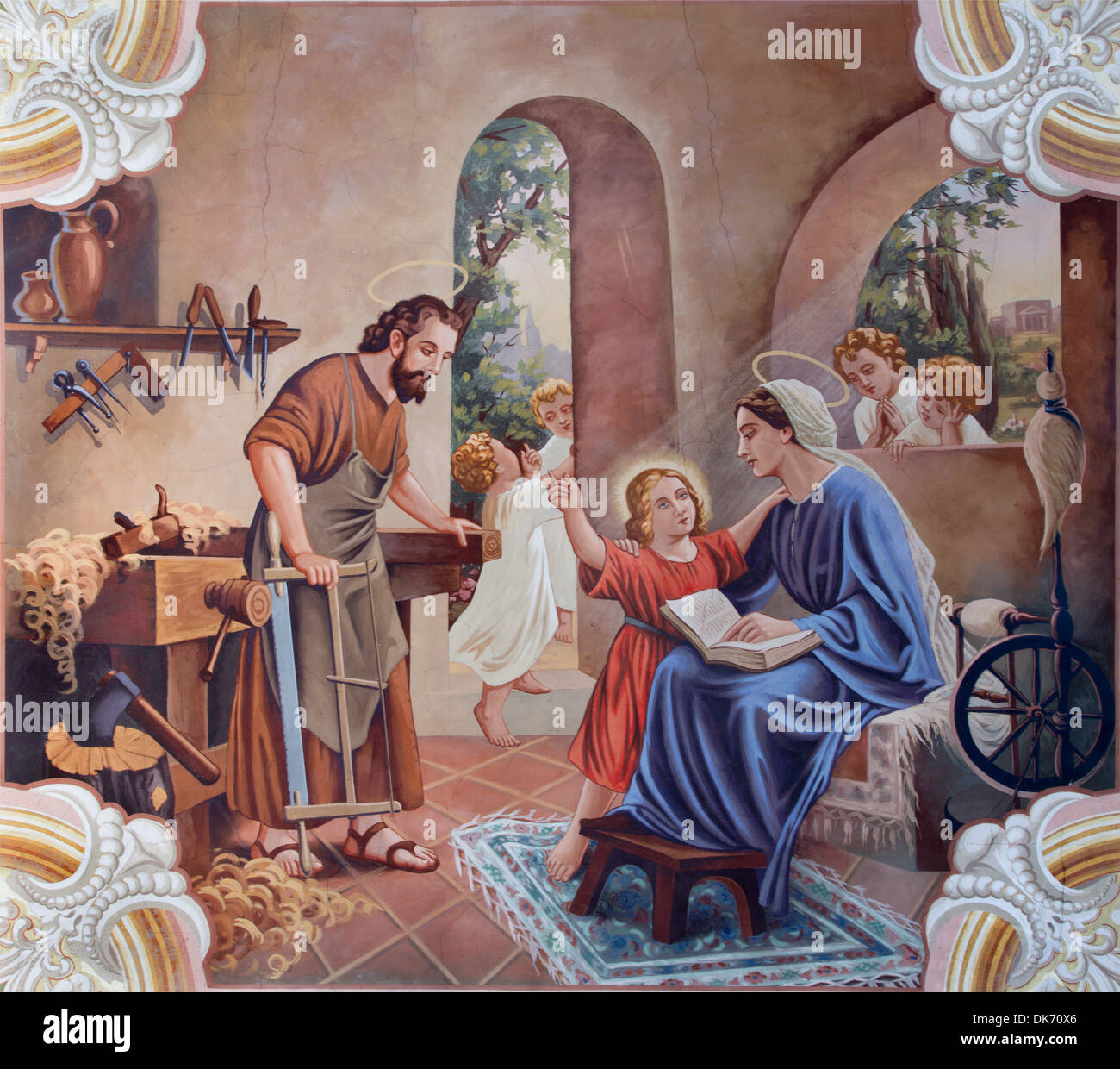 SEBECHLEBY - AUGUST 8: Flight to Egypt. Fresco from year 1963 by Jozef Antal in st. Michael parish church on August 8, 2013 Stock Photo