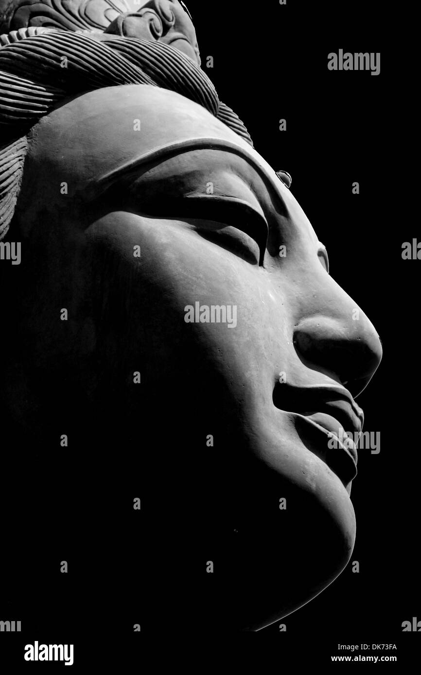 Black & White close up of one of the six 'The Offering of Six Devas' statues, surrounding the Tian Tan Big Buddha, Hong Kong. Stock Photo