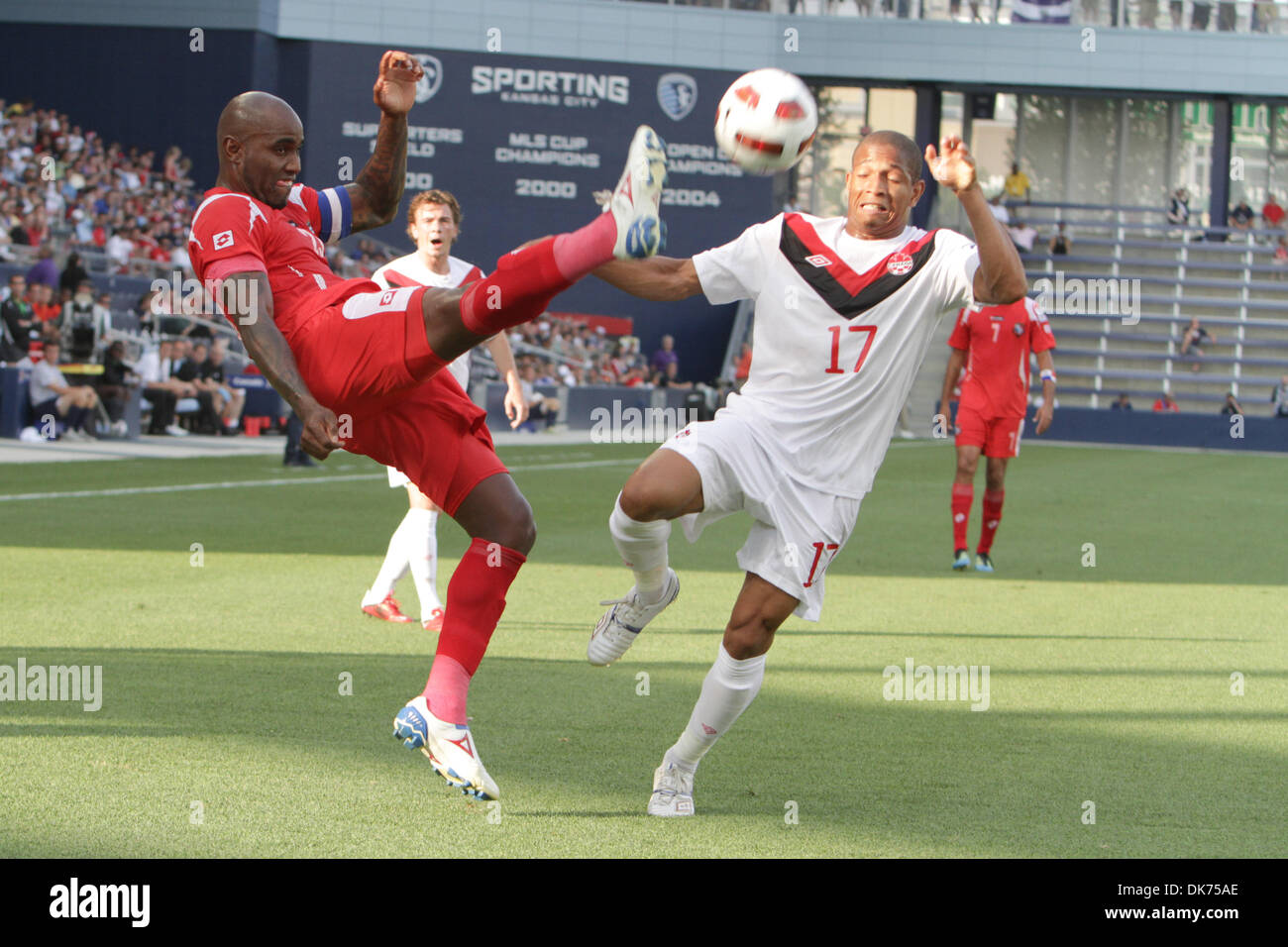 June 14, 2011 - Kansas City, KANSAS, U.S - Panama defender Felipe Baloy (23) high kicks a ball as Canada forward Simeon Jackson (17) goes for the ball in the match between Panama and Canada in Group C play of the 2011 CONCACAF Gold Cup at Livestrong Sporting Park in Kansas City, Kansas. Panama and Canada tied 1-1. (Credit Image: © James Allison/Southcreek Global/ZUMAPRESS.com) Stock Photo